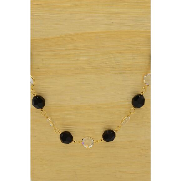 Austrian Crystal USA Vintage Necklace Open Bezel Clear Black Gold Signed 80s 9J - Picture 5 of 12